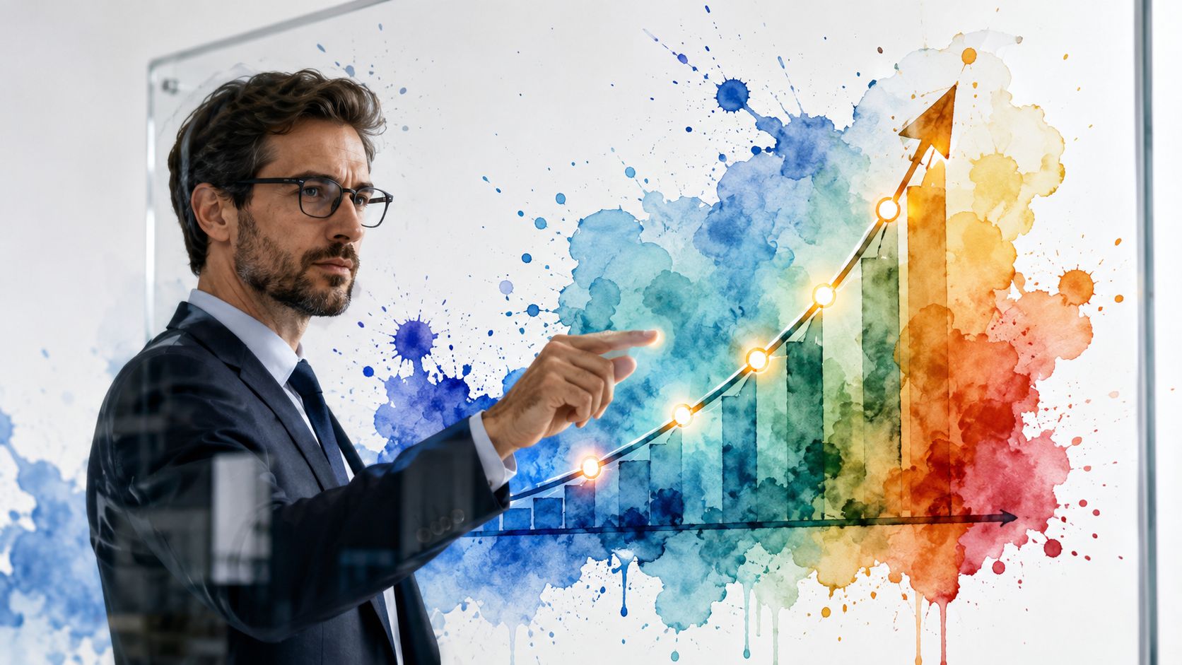 A professional man in a suit pointing to a colorful upward growth graph on a glass board.