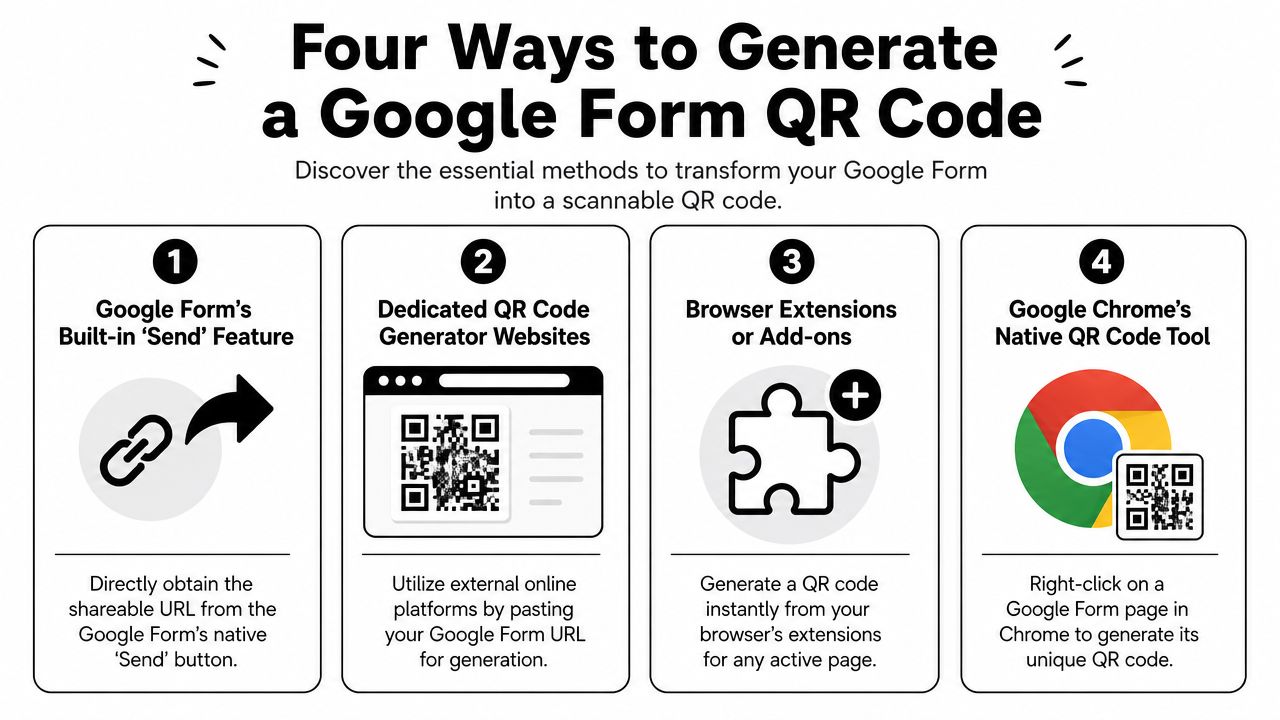 A visual guide outlining four different methods for generating a scannable QR code for Google Forms.