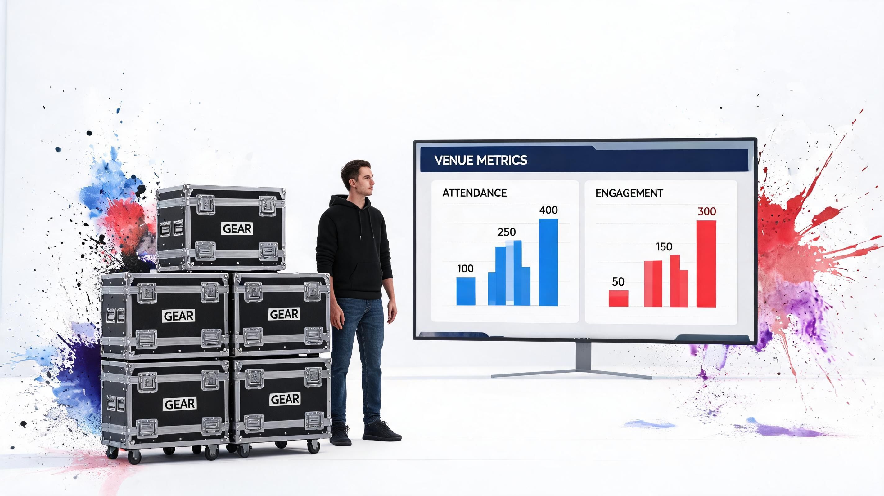 A young man standing beside a stack of equipment cases in front of a digital display showing performance metrics.