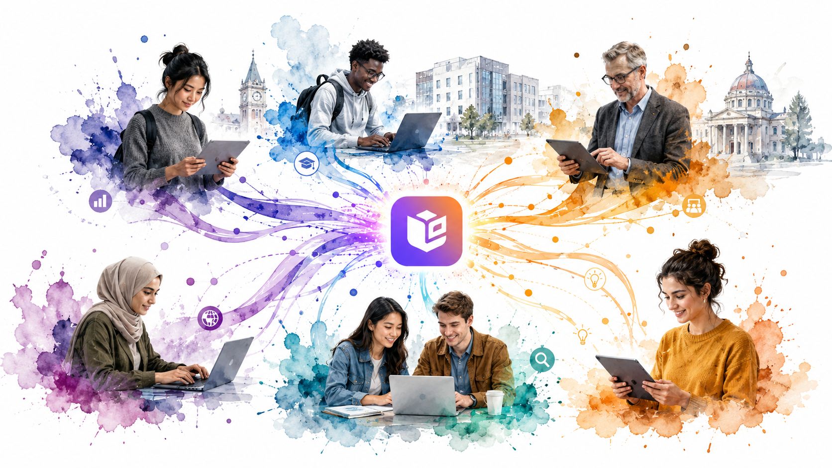 A diverse group of students and professionals using digital devices connected to a central learning platform icon.