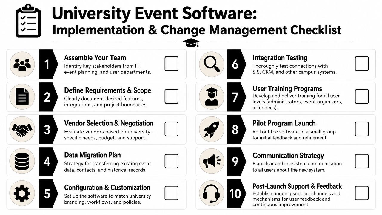 A ten-step checklist infographic for the successful implementation and change management of university event management software.