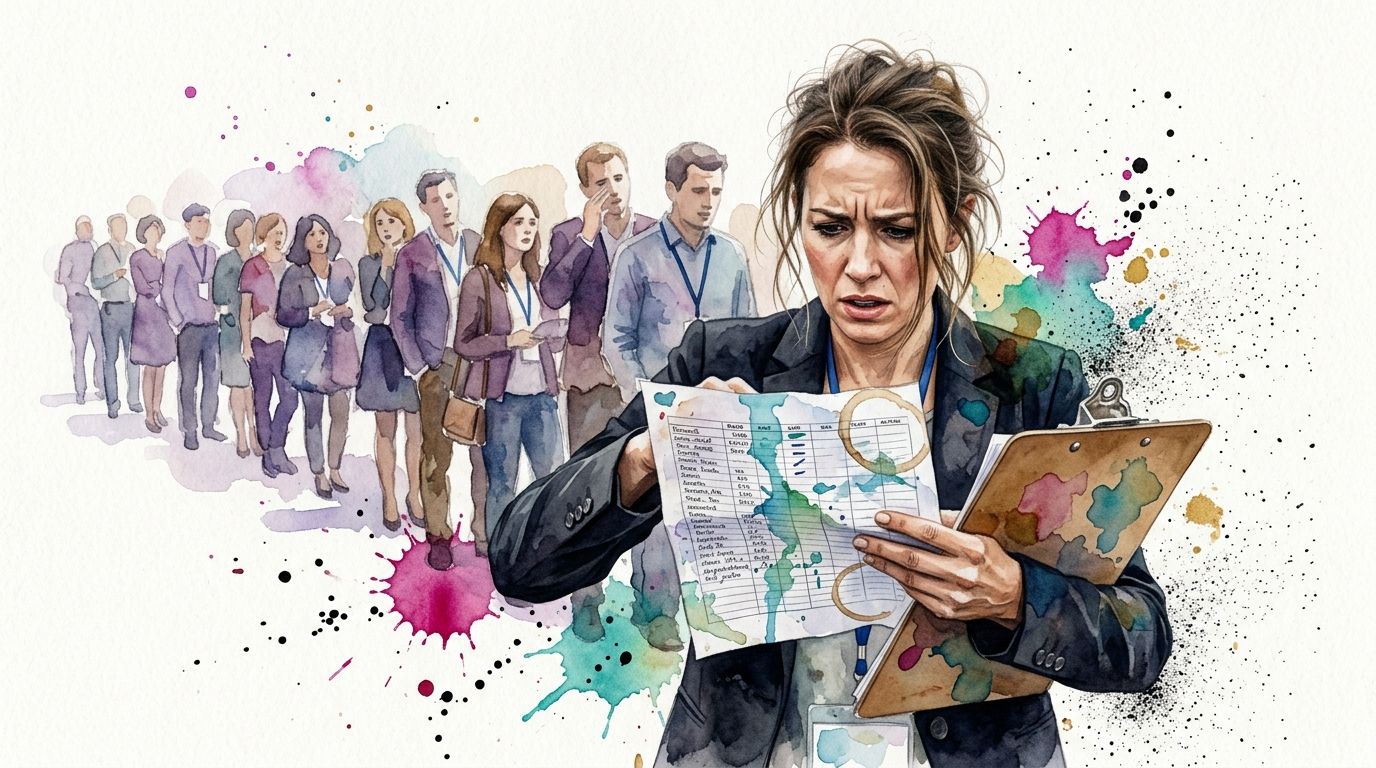 Stressed event manager reviewing messy paperwork while a queue of people waits in the background.
