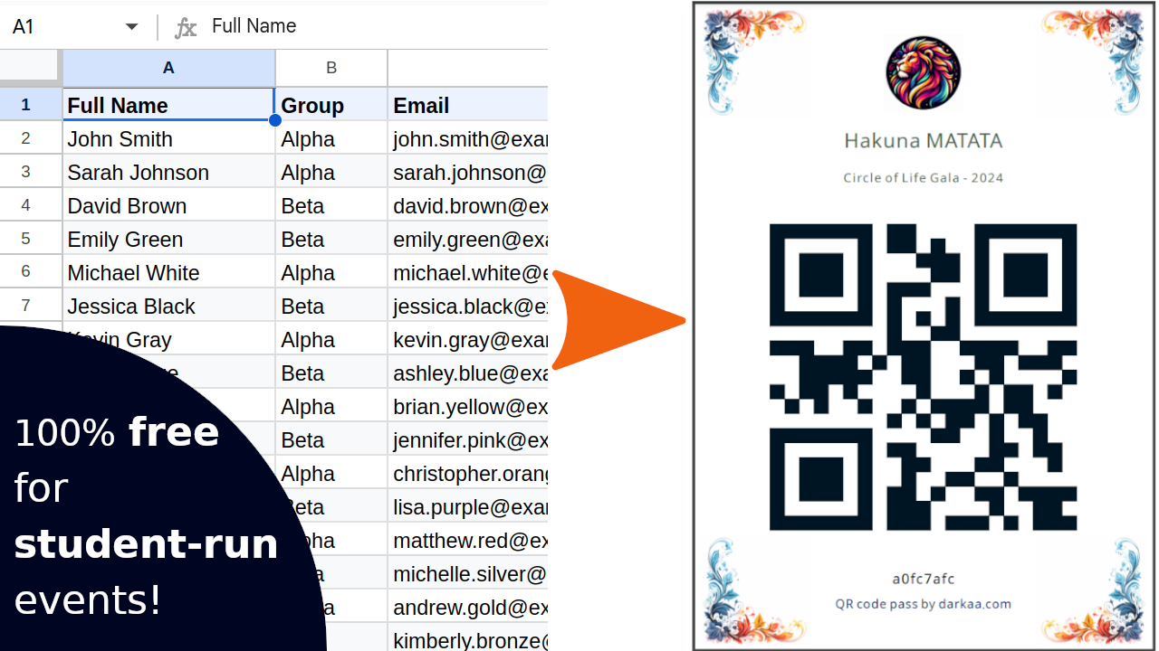 Quickly turn your attendee list into QR code tickets, fast check-ins, and time-stamped reports